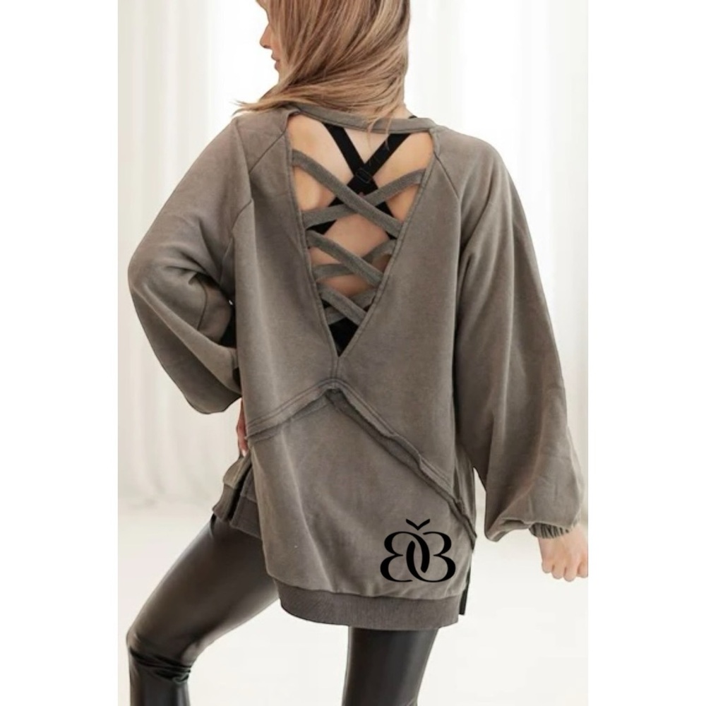 POL Vintage Charcoal Criss Cross Back Slouchy French Terry Pullover